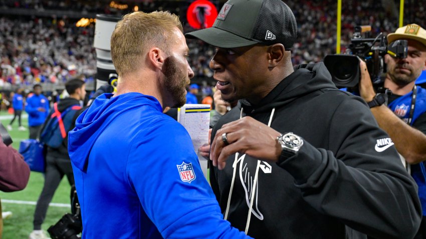 ATLANTA, GA – DECEMBER 29:  Los Angeles head coach Sean McVay embraces Atlanta head coach Raheem Morris following the conclusion of the NFL game between the Los Angeles Rams and the Atlanta Falcons on December 29th, 2025 at Mercedes-Benz Stadium in Atlanta, GA. (Photo by Rich von Biberstein/Icon Sportswire via Getty Images)