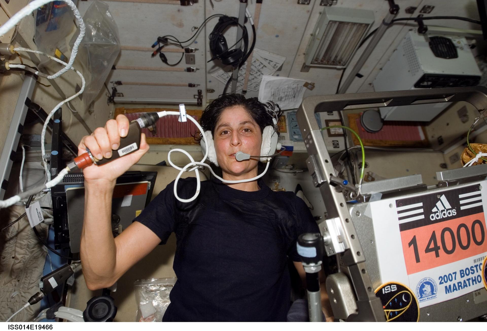 Astronaut Sunita Williams while running the Boston Marathon on a treadmill in the International Space Station in 2007.