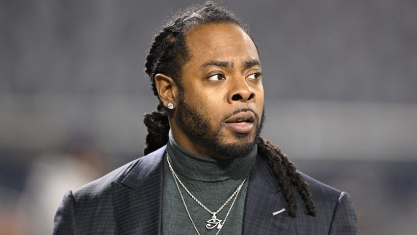 CHICAGO, ILLINOIS – DECEMBER 26: Richard Sherman looks on from the set of the TNF on Prime pregame show prior to the game between the Seattle Seahawks and the Chicago Bears at Soldier Field on December 26, 2024 in Chicago, Illinois. (Photo by Quinn Harris/Getty Images)