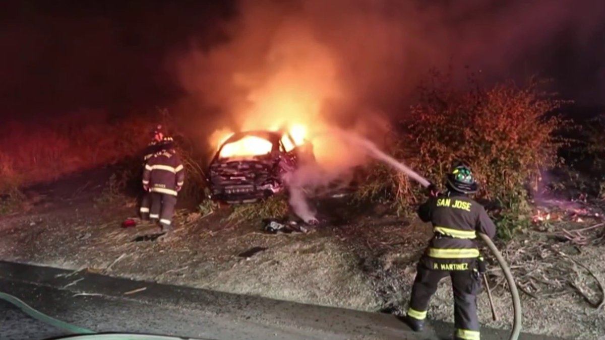 Vehicle catches fire after crash on Highway 87 in San Jose