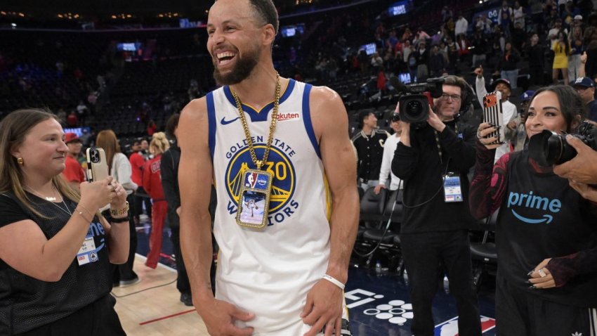 Apr 15, 2026; Inglewood, California, USA; Golden State Warriors guard Stephen Curry (30) smiles on the court after defeating the Los Angeles Clippers during the play-in rounds of the 2026 NBA Playoffs at Intuit Dome. Mandatory Credit: Jayne Kamin-Oncea-Imagn Images