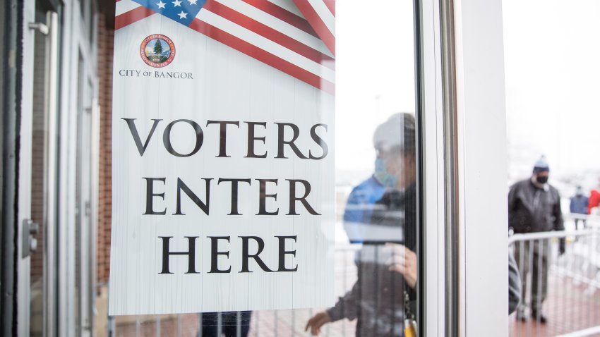 BANGOR, ME – NOVEMBER 03: Signage directing voters at a polling location on November 3, 2020 in Bangor, Maine. After a record-breaking early voting turnout, Americans head to the polls on the last day to cast their vote for incumbent U.S. P