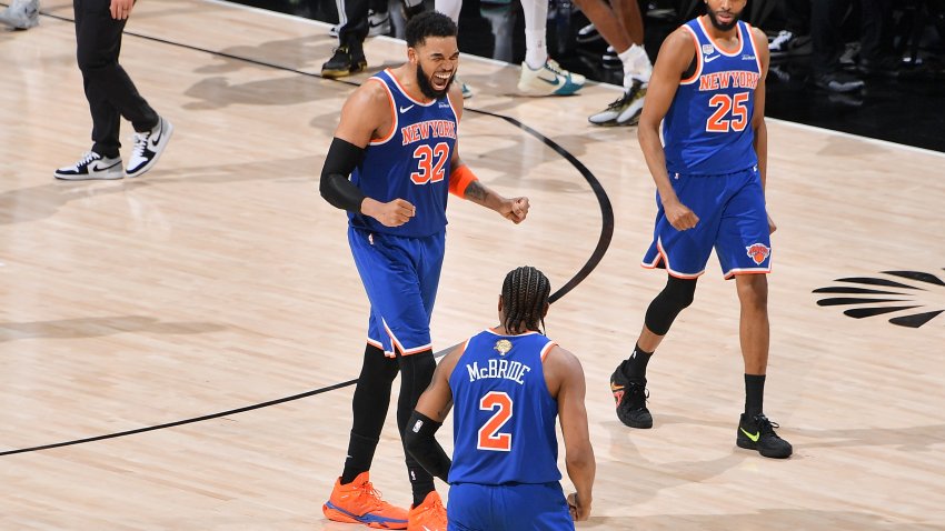 SAN ANTONIO, TX – JUNE 5: Karl-Anthony Towns #32 of the New York Knicks celebrates during the game against the San Antonio Spurs during Game Two of the 2026 NBA Finals on June 5, 2026 at Frost Bank Center in San Antonio, Texas. NOTE TO USER: User expressly acknowledges and agrees that, by downloading and or using this photograph, User is consenting to the terms and conditions of the Getty Images License Agreement. Mandatory Copyright Notice: Copyright 2026 NBAE(Photo by Michael Gonzales/NBAE via Getty Images)