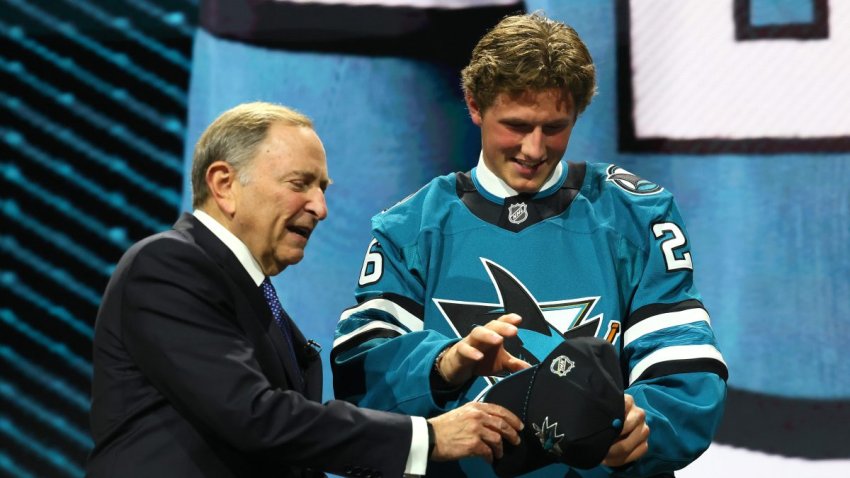 BUFFALO, NEW YORK – JUNE 26: NHL Commissioner Gary Bettman looks on as Keaton Verhoeff of Cananda is drafted by the San Jose Sharks with the eight overall pick during day one of the 2026 NHL Draft on June 26, 2026 in Buffalo, New York. (Photo by Bruce Bennett/Getty Images)
