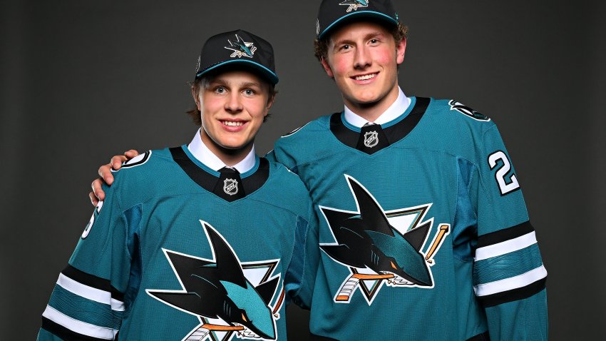 BUFFALO, NEW YORK – JUNE 26: Ivar Stenberg and Keaton Verhoeff pose for a portrait after being selected second and ninth overall by the San Jose Sharks during day one of the 2026 NHL Draft on June 26, 2026 in Buffalo, New York. (Photo by Joe Hrycych/Getty Images)