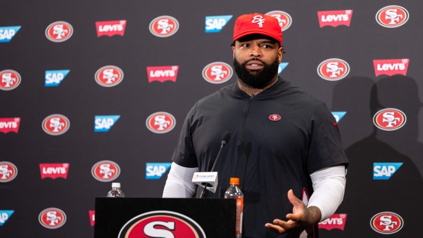 SANTA CLARA, CA – JUNE 03: Trent Williams #71 of the San Francisco 49ers speaks with the media after a team OTA practice at SAP Performance Facility on June 3, 2026 in Santa Clara, CA. (Photo by Matthew Huang/Icon Sportswire via Getty Images)