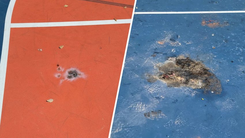 Damage to renovated basketball courts at Plata Arroyo Park in San Jose.