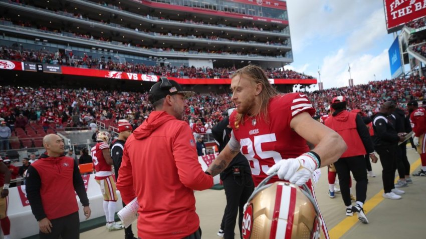 SANTA CLARA, CA – DECEMBER 4: Head Coach Kyle Shanahan and George Kittle #85 of the San Francisco 49ers on on the sideline before during the game against the Miami Dolphins at Levi’s Stadium on December 4, 2022 in Santa Clara, California. The 49ers defeated the Dolphins 33-17. (Photo by Michael Zagaris/San Francisco 49ers/Getty Images)