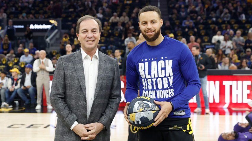 SAN FRANCISCO, CALIFORNIA – FEBRUARY 10: Stephen Curry #30 of the Golden State Warriors is presented with an All-Star ball by team owner Joe Lacob before the game against the Phoenix Suns at Chase Center on February 10, 2024 in San Francisco, California. NOTE TO USER: User expressly acknowledges and agrees that, by downloading and or using this photograph, User is consenting to the terms and conditions of the Getty Images License Agreement. (Photo by Lachlan Cunningham/Getty Images)