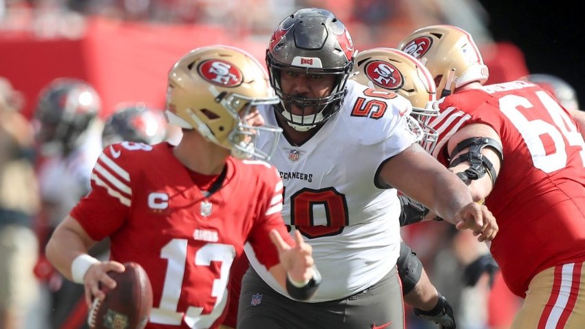 TAMPA, FL – NOVEMBER 10: Tampa Bay Buccaneers Defensive Lineman Vita Vea (50) has his eyes on the quarterback during the game between the San Francisco 49ers and the Tampa Bay Buccaneers on November 10, 2024 at Raymond James Stadium in Tampa, Florida. (Photo by Cliff Welch/Icon Sportswire via Getty Images)