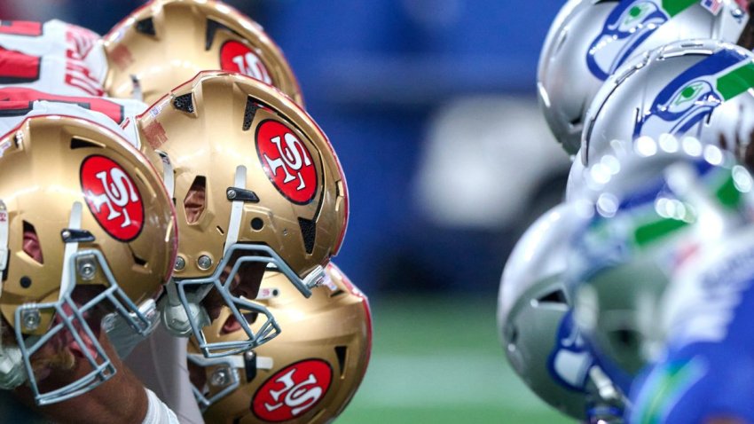 SEATTLE, WASHINGTON – OCTOBER 10: San Francisco 49ers and Seattle Seahawks helmets are seen at the line of scrimmage at Lumen Field on October 10, 2024 in Seattle, Washington. (Photo by Robin Alam/ISI Photos/Getty Images)