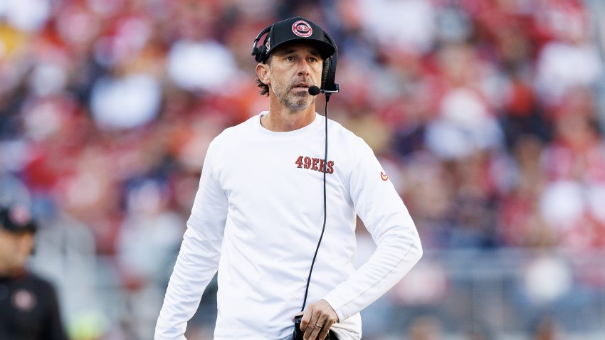 SANTA CLARA, CALIFORNIA – DECEMBER 8: Head coach Kyle Shanahan of the San Francisco 49ers stands on the field during the first half of an NFL football game against the Chicago Bears, at Levi’s Stadium on December 8, 2024 in Santa Clara, California. (Photo by Brooke Sutton/Getty Images)