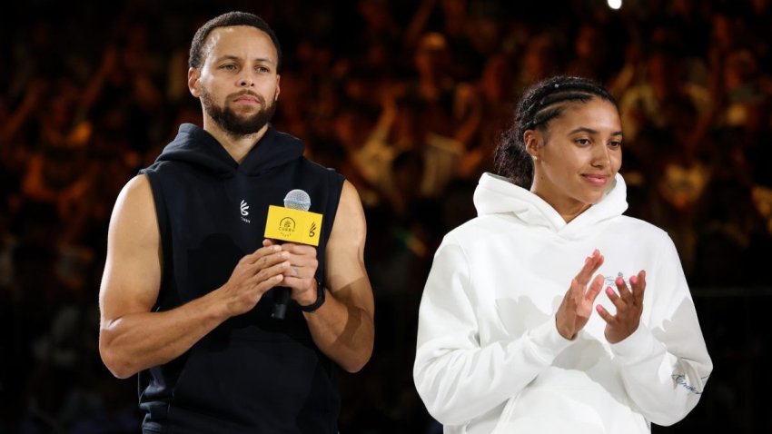 CHONGQING, CHINA – AUGUST 20: Stephen Curry and Azzi Fudd attend the opening training session of Curry Camp during Stephen Curry 2025 Asia Tour at Chongqing International Expo Center on August 20, 2025 in Chongqing, China. (Photo by Zhizhao Wu/Getty Images)