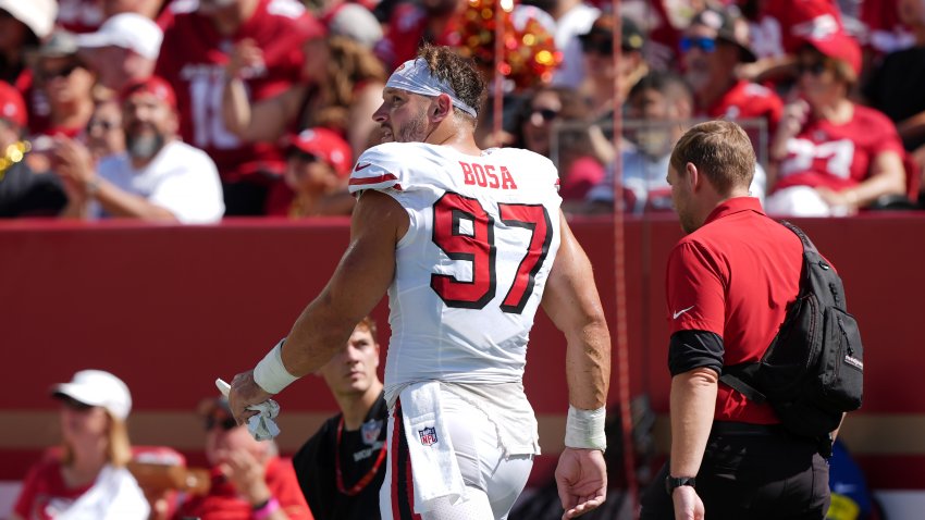 SANTA CLARA, CALIFORNIA – SEPTEMBER 21: Nick Bosa #97 of the San Francisco 49ers walks to the locker room during the second quarter against the Arizona Cardinals at Levi’s Stadium on September 21, 2025 in Santa Clara, California. (Photo by Kavin Mistry/Getty Images)