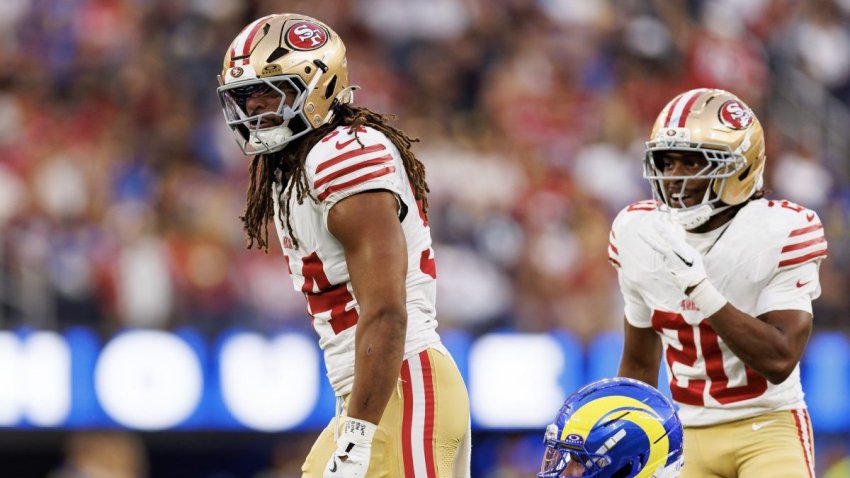 INGLEWOOD, CALIFORNIA – OCTOBER 02: Fred Warner #54 of the San Francisco 49ers celebrates during the first half of an NFL football game against the Los Angeles Rams at SoFi Stadium on October 02, 2025 in Inglewood, California. (Photo by Brooke Sutton/Getty Images)