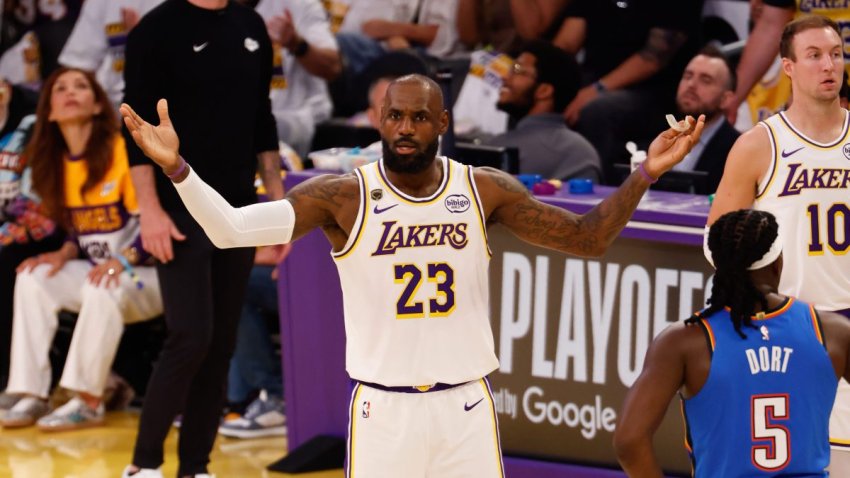 LOS ANGELES, CA – MAY 09: Los Angeles Lakers forward LeBron James (23) looking for a call during the West Second Round playoff game between the Oklahoma City Thunder and the Los Angeles Lakers on May 09, 2026, at Crypto.com Arena in Los Angeles, CA. (Photo by Jevone Moore/Icon Sportswire via Getty Images)