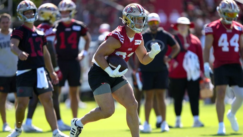 SANTA CLARA, CALIFORNIA – JULY 27: Christian McCaffrey #23 of the San Francisco 49ers works out during training camp practice at SAP Performance Facility on July 27, 2026 in Santa Clara, California. (Photo by Thearon W. Henderson/Getty Images)