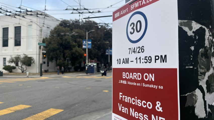 A sign on a street corner in San Francisco alerts travelers to transit changes