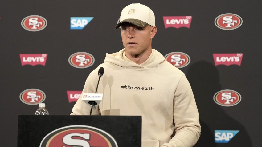 SANTA CLARA, CALIFORNIA – MAY 28: Christian McCaffrey #23 of the San Francisco 49ers talk with the media following a team OTA practice at SAP Performance Facility on May 28, 2026 in Santa Clara, California. (Photo by Thearon W. Henderson/Getty Images)