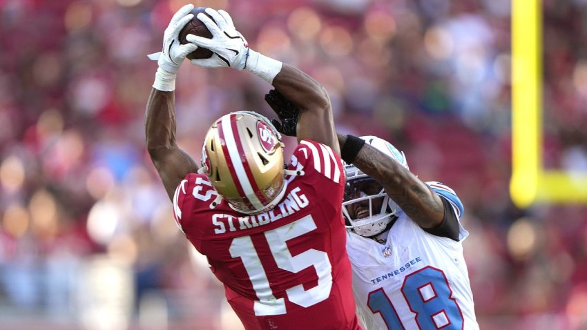SANTA CLARA, CALIFORNIA – AUGUST 13: De’zhaun Stribling #15 of the San Francisco 49ers catches a deep pass over Cor’dale Flott #18 of the Tennessee Titans in the first half at Levi’s Stadium on August 13, 2026 in Santa Clara, California. (Photo by Thearon W. Henderson/Getty Images)