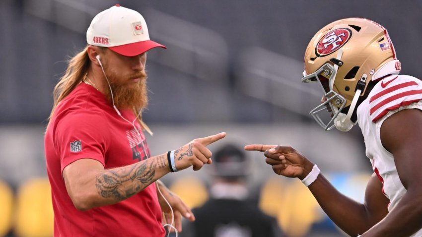 INGLEWOOD, CA – AUGUST 20: San Francisco 49ers tight end George Kittle (85) interacts with San Francisco 49ers punter Corliss Waitman (7) prior to the game between the Los Angeles Chargers and the San Francisco 49ers on August 20, 2026 at SoFi Stadium in Inglewood. (Photo by David Dennis/Icon Sportswire via Getty Images)