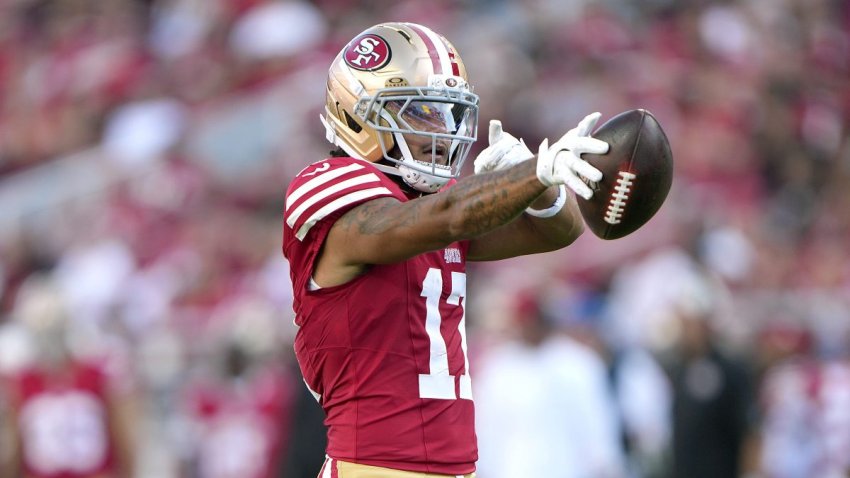 SANTA CLARA, CALIFORNIA – AUGUST 13: Jordan Watkins #17 of the San Francisco 49ers signals first down after catching a pass against the Tennessee Titans in the first half at Levi’s Stadium on August 13, 2026 in Santa Clara, California. (Photo by Thearon W. Henderson/Getty Images)