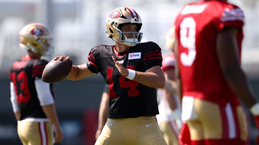 Aug 6, 2026; Santa Clara, CA, USA; San Francisco 49ers quarterback Kurtis Rourke (14) during training camp at SAP Performance Facility. Mandatory Credit: Sergio Estrada-Imagn Images
