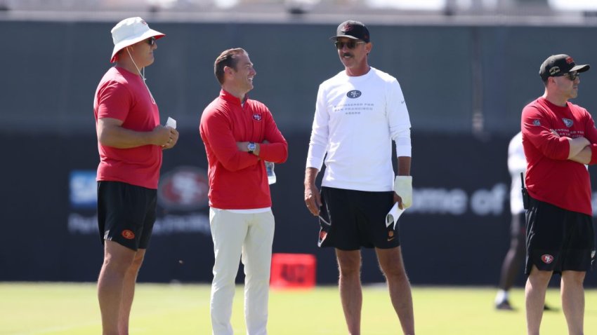 Aug 3, 2026; San Francisco, CA, USA; San Francisco 49ers head coach Kyle Shanahan during training camp at Levi’s Stadium. Mandatory Credit: Sergio Estrada-Imagn Images