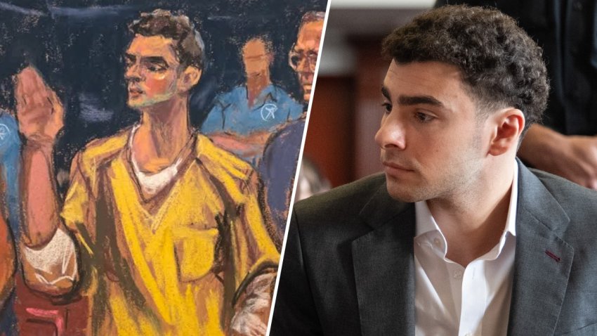 Court sketch (left) of Luigi Mangione pleading guilty in to federal stalking charges on Friday, August 14; Mangione (right) in court during a pre-trial hearing. (Courtesy: Jane Rosenberg/Getty Images)
