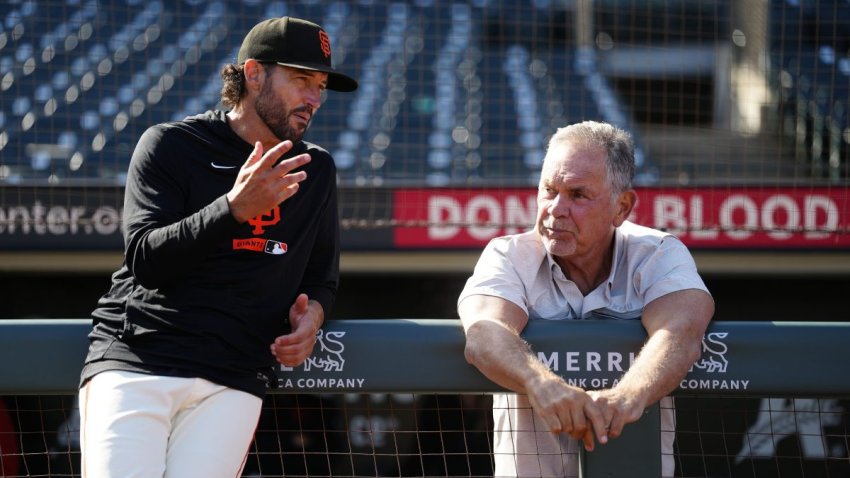 SAN FRANCISCO, CALIFORNIA – AUGUST 7: Tony Vitello #23 and Bruce Bochy of the San Francisco Giants prepare for the game at Oracle Park on August 7, 2026 in San Francisco, California. (Photo by Andy Kuno/San Francisco Giants/Getty Images)