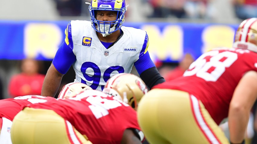 Sep 17, 2023; Inglewood, California, USA; Los Angeles Rams defensive tackle Aaron Donald (99) scans the line of scrimmage before the snap against the San Francisco 49ers during the first half at SoFi Stadium. Mandatory Credit: Gary A. Vasquez-USA TODAY Sports