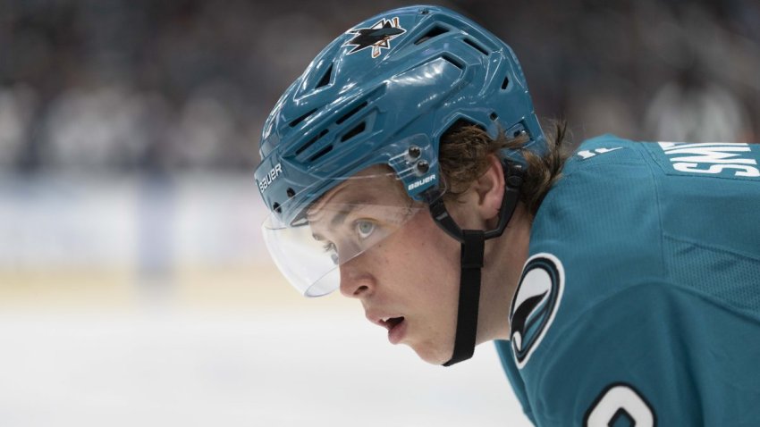 Apr 11, 2026; San Jose, California, USA;  San Jose Sharks center Will Smith (2) during the second period against the Vancouver Canucks at SAP Center at San Jose. Mandatory Credit: Stan Szeto-Imagn Images