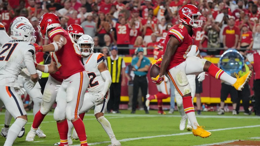 Sep 14, 2026; Kansas City, Missouri, USA;  Kansas City Chiefs running back Kenneth Walker III (9) reacts after scoring a touchdown against the Denver Broncos at GEHA Field at Arrowhead Stadium.  Mandatory Credit: Denny Medley-Imagn Images
