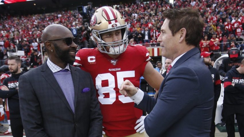 SANTA CLARA, CA – JANUARY 19: Jerry Rice and Steve Young talk with George Kittle #85 of the San Francisco 49ers on the sideline prior to the game between the 49ers and the Green Bay Packers at Levi’s Stadium on January 19, 2020 in Santa Clara, California. The 49ers defeated the Packers 37-20. (Photo by Michael Zagaris/San Francisco 49ers/Getty Images)