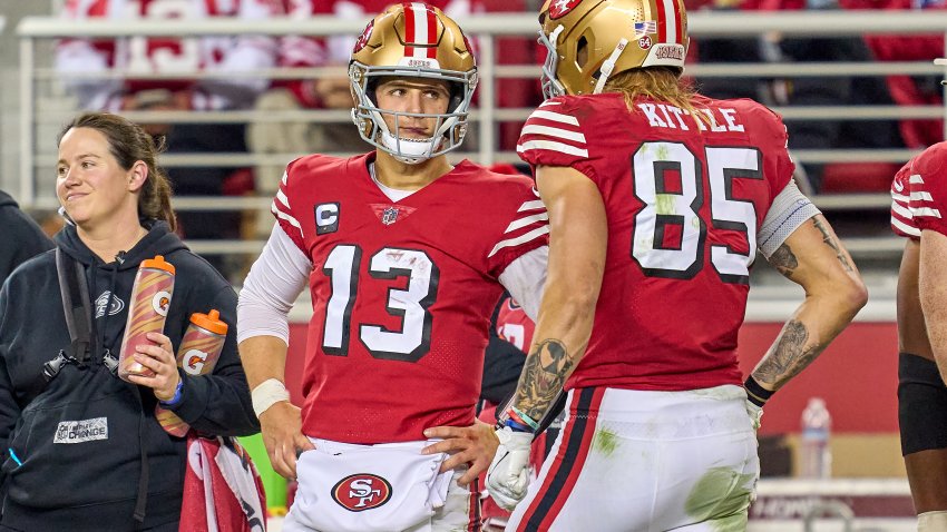 SANTA CLARA, CALIFORNIA – DECEMBER 25: Brock Purdy #13 talks to George Kittle #85 of the San Francisco 49ers in action during a game between the San Francisco 49ers and the Baltimore Ravens at Levi’s Stadium on December 25, 2023 in Santa Clara, California. (Photo by Robin Alam/ISI Photos/Getty Images)
