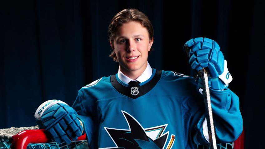 BUFFALO, NEW YORK – JUNE 26: Ivar Stenberg, second overall pick of the San Jose Sharks, poses for a portrait during the 2026 NHL Draft on June 26, 2026 in Buffalo, New York. (Photo by Brian Babineau/NHLI via Getty Images)