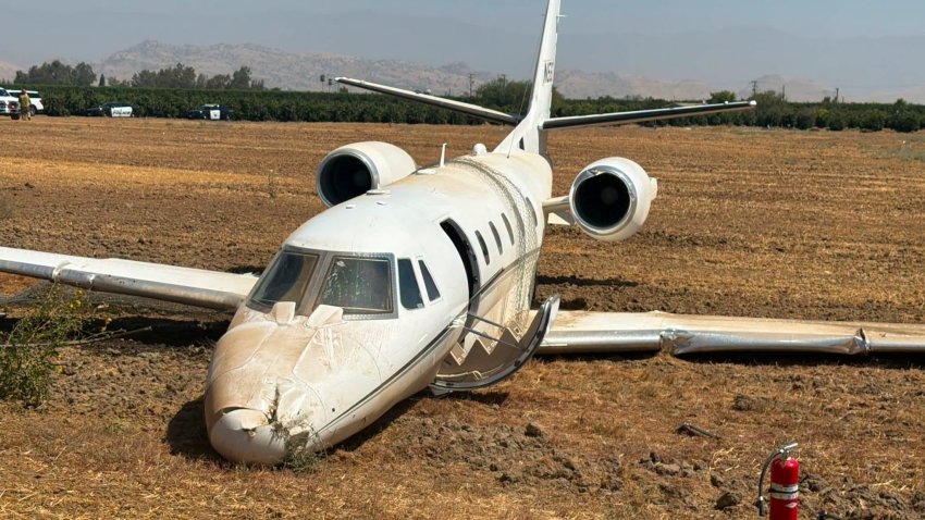 A Cessna 560XL after crashing while landing at Porterville Municipal Airport in California.