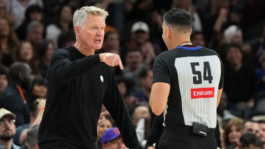 Oct 24, 2026; Phoenix, Arizona, USA;  Golden State Warriors head coach Steve Kerr reacts after getting a technical foul from referee Ray Acosta (54) in the second half during a game against the Phoenix Suns at Mortgage Matchup Center.  Mandatory Credit: Rick Scuteri-Imagn Images