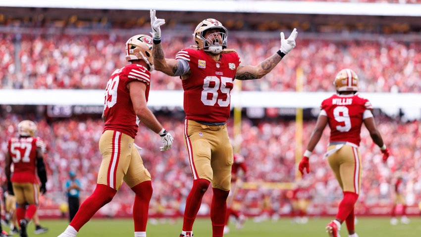 SANTA CLARA, CALIFORNIA – OCTOBER 4: George Kittle #85 of the San Francisco 49ers celebrates after scoring a touchdown during the fourth quarter of an NFL football game against the Denver Broncos at Levi’s Stadium on October 4, 2026 in Santa Clara, California. (Photo by Brooke Sutton/Getty Images)