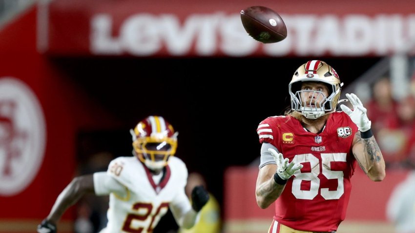 SANTA CLARA, CALIFORNIA – OCTOBER 19: George Kittle #85 of the San Francisco 49ers makes a catch for a first down against the Washington Commanders during the third quarter of the game at Levi’s Stadium on October 19, 2026 in Santa Clara, California. (Photo by Lachlan Cunningham/Getty Images)