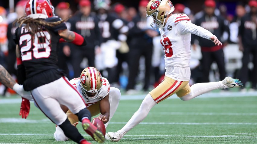 ATLANTA, GEORGIA – OCTOBER 25: Eddy Pineiro #18 of the San Francisco 49ers kicks the extra point after a touchdown against the Atlanta Falcons during the second quarter at Mercedes-Benz Stadium on October 25, 2026 in Atlanta, Georgia. (Photo by Kevin C. Cox/Getty Images)