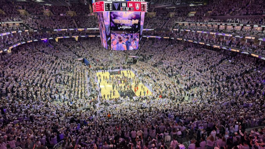 Chase Center filled with cheering fans and a Jumbotron that reads 'Valkyries Win'