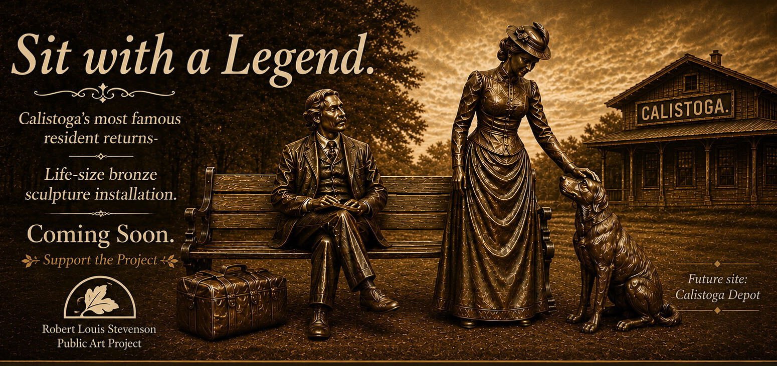 A rendering of the bench and sculptures of Robert Louis Stevenson, his wife Fanny and their dog Chuchu.
