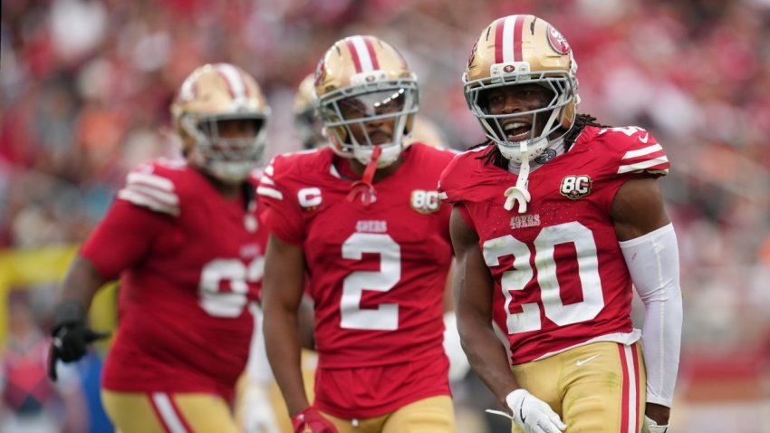 Sep 20, 2026; Santa Clara, California, USA;  San Francisco 49ers cornerback Upton Stout (20) reacts during the second half against the Miami Dolphins at Levi’s Stadium.  Mandatory Credit: Cary Edmondson-Imagn Images
